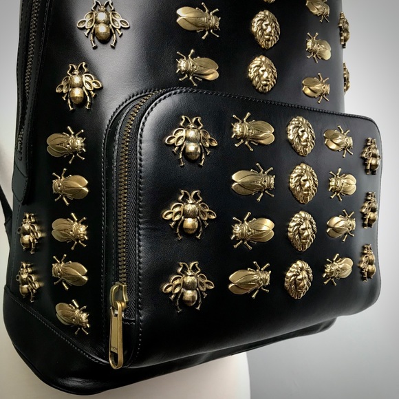 Gucci Black Leather Gold Animal Studs Backpack - Picture 4 of 8